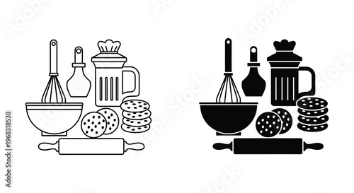 Black and white baking tools arranged in duplicate a stark silhouette
