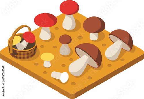 Isometric mushroom illustration, edible fungi collection, organic food concept, forest harvest, colorful mushrooms, minimal design, agriculture, healthy vegan nutrition