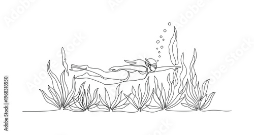 Submerged Adventure. Minimalistic one-line drawing person swimming among underwater plants, continuous single black line on white background, simple outline