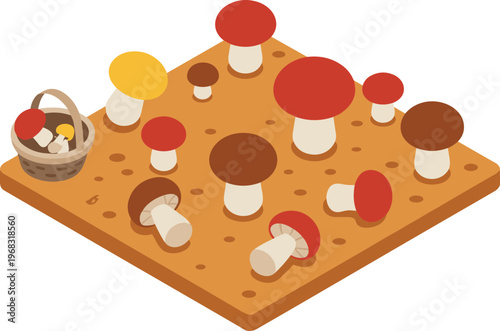 Isometric mushroom farm illustration, edible fungi collection, organic food concept, forest harvest, colorful mushrooms, minimal design, agriculture, healthy nutrition