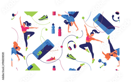 cardio workout patterns seamless pattern, repeating pattern, surface design, textile print, modern illustration of dancers, aerobic exercises, gym mats,