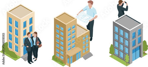 Isometric office building concept, real estate development process, architects and clients planning commercial property, modern urban architecture, investment visualization design