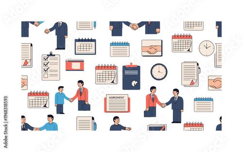 honoring commitments seamless pattern, repeating pattern, surface design, textile print, modern illustration of people shaking hands, calendars, checklists,