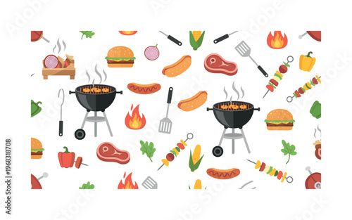 grill party seamless pattern, repeating pattern, surface design, textile print, modern illustration of BBQ grills, steaks, burgers, hot dogs, vegetables,