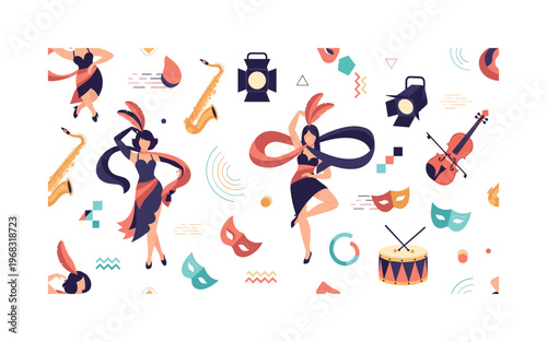 performing arts icons seamless pattern, repeating pattern, surface design, textile print, modern illustration of exotic dancers, flowing scarves, feathers,