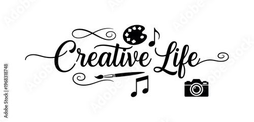 Creative Life. lettering and all elements in black. Vector style. AWhite background. Pure white background. Perfect isolation and visual consistency. Elegant