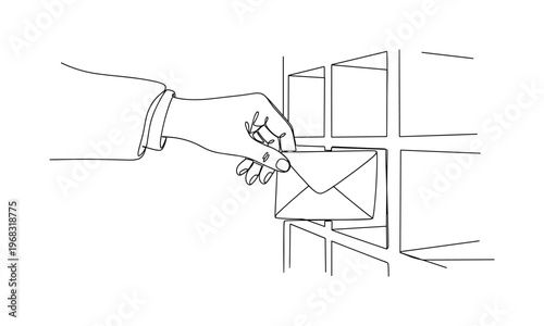 Mail Handling. Minimalistic one-line drawing hand placing envelope into correct compartment, continuous single black line on white background, simple outline