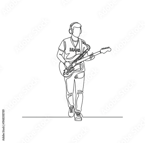 Casual Street Music. Minimalistic one-line drawing individual in band t-shirt with headphones walking, continuous single black line on white background, simple
