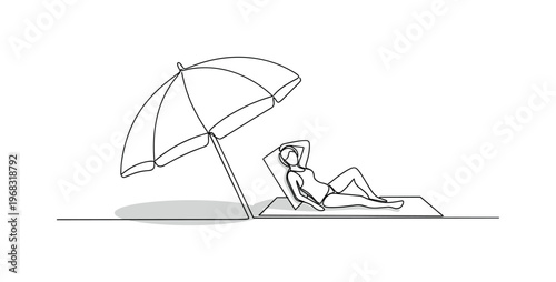 Tropical Relaxation. Minimalistic one-line drawing beach umbrella shading mat and person, continuous single black line on white background, simple outline