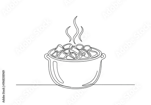 Meat in Pot. Minimalistic one-line drawing chunks of meat being braised with steam, continuous single black line on white background, simple outline style, no