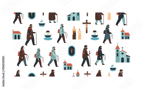 sacred travel icons seamless pattern, repeating pattern, surface design, textile print, modern illustration of pilgrims walking, holding rosaries, crosses,