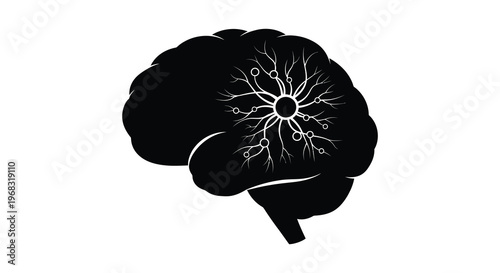 A black brain shape with internal circuitry a striking silhouette