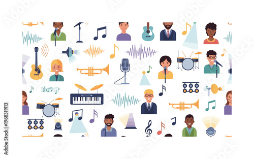 music expression motifs seamless pattern, repeating pattern, surface design, textile print, modern illustration of singing performers, musical notes,