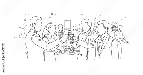 Elegant Mixer. Minimalistic one-line drawing people clinking glasses and mingling in festive atmosphere, continuous single black line on white background,