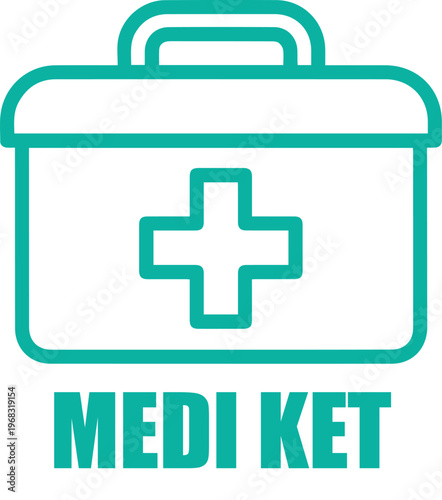 Teal outline medical kit with cross symbol and text 'MEDI KET'