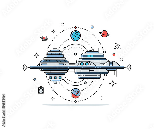 Infinite space space colony orbit concept where futuristic habitats float in orbit while tiny sparkle and line icons highlight technology, exploration, and
