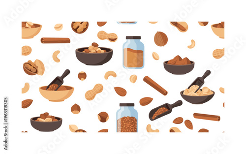 almond snack patterns seamless pattern, repeating pattern, surface design, textile print, modern illustration of almonds, cashews, peanuts, walnuts, hazelnuts,