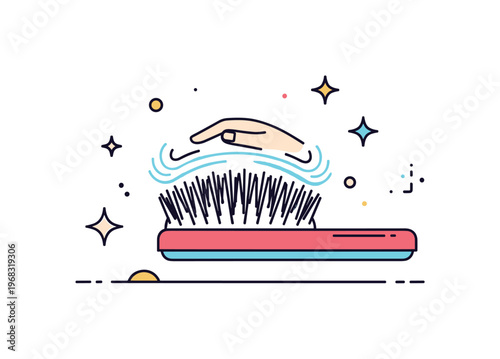 Hairbrush bristle softening scene where bristles are shown flexing under gentle pressure while small sparkle and line icons emphasize comfort, softness, and