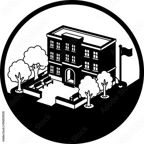 Isometric School Building With Trees and Benches icon outline
