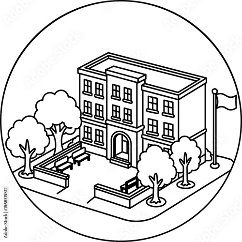 Isometric School Building With Trees and Benches icon outline