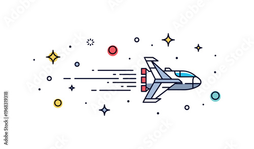 Infinite space spaceship journey scene where a spacecraft moves through an endless star field while small sparkle and star icons emphasize speed, exploration,
