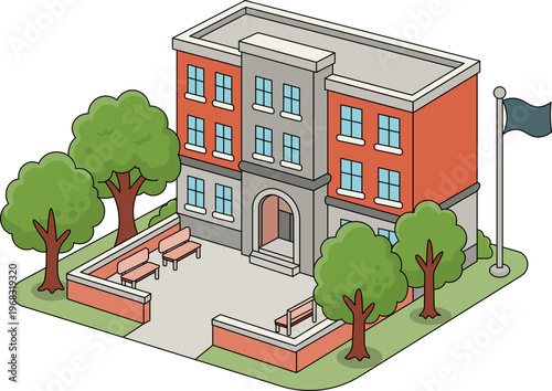 Isometric School Building With Trees and Benches icon