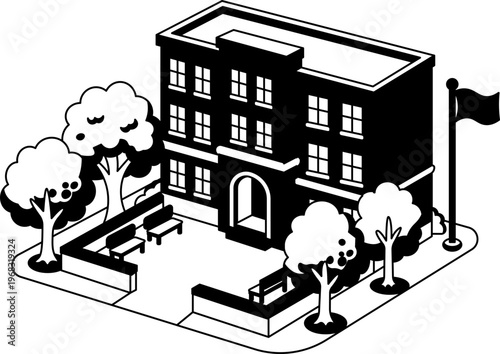 Isometric School Building With Trees and Benches icon outline