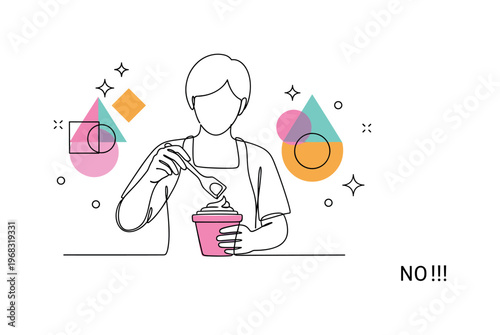 DIY Cream Crafting. Minimalistic one-line drawing person preparing homemade lotion or cream with spatula, continuous single black line on white background,