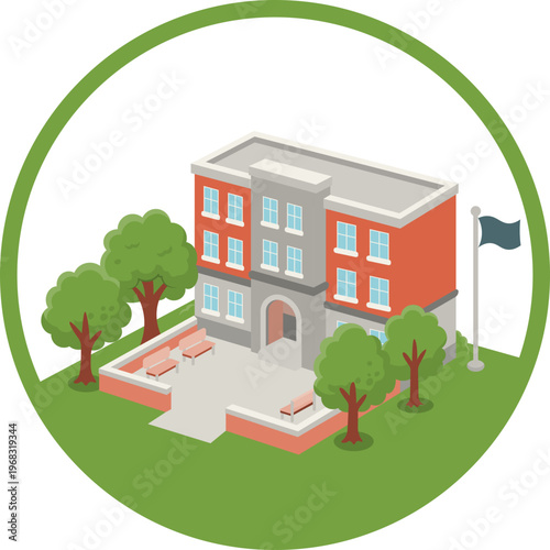 Isometric School Building With Trees and Benches icon