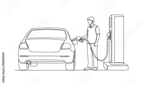 Refueling Routine. Minimalistic one-line drawing person refilling car at gas station pump, continuous single black line on white background, simple outline