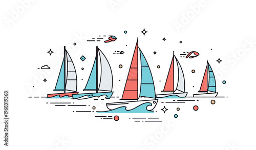 Sailing boat racing competition scene where multiple boats maneuver through waves while tiny sparkle and line icons highlight skill, speed, and challenge. The