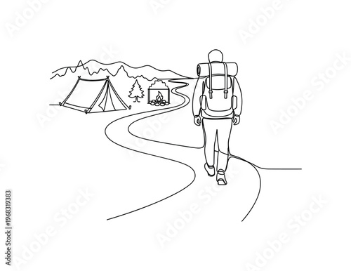Campground Trek. Minimalistic one-line drawing person walking on trail with backpack and campsite in distance, continuous single black line on white