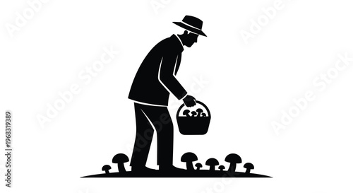 Man gathering mushrooms in a field a striking black silhouette