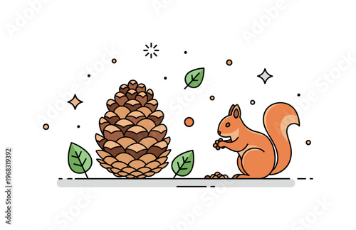 Pinecone wildlife scene where a pinecone rests near a squirrel gathering food while small sparkle and leaf icons emphasize woodland life, nature, and