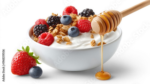Greek yogurt bowl with granola mixed berries and honey dipper isolated on transparent background