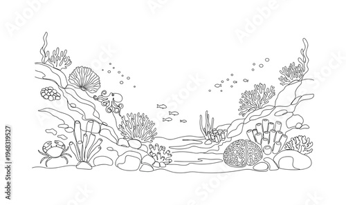 Deep Sea Terrain. Minimalistic one-line drawing rocks, coral, and subtle sea creatures on ocean floor, continuous single black line on white background, simple