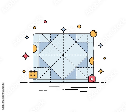 Seam quilting pattern scene where stitched lines form a geometric design on a fabric surface while small sparkle and star icons highlight creative pattern,