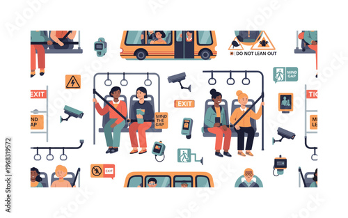 transit security icons seamless pattern, repeating pattern, surface design, textile print, modern illustration of passengers on buses and trains, seatbelts,