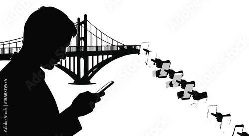man using smartphone with flying drones and bridge background