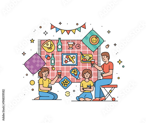 Backyard picnic summer party concept where friends gather around a colorful blanket with food, drinks, and decorations while tiny sparkle and star icons