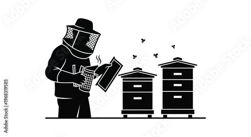 Beekeeper tending hives with smoke a striking black silhouette