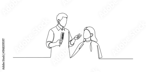 Hair Advice Session. Minimalistic one-line drawing stylist consulting with client and comb in hand, continuous single black line on white background, simple