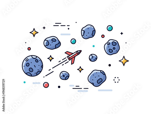 Infinite space asteroid field navigation scene where a spaceship maneuvers among asteroids while small sparkle and star icons emphasize adventure, danger, and