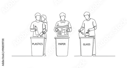 Recycling Workshop. Minimalistic one-line drawing people demonstrating proper waste sorting into labeled bins, continuous single black line on white