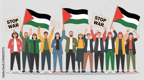 Diverse group of people holding palestinian flags and protesting against war on gray background