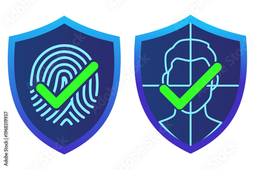 Biometric Approval and Digital Identity Verification Concept with Fingerprint Scanner and Facial Recognition Icons on Protective Shields for Secure Access Control