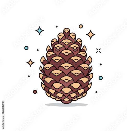 Pinecone close-up detail concept where textures of scales are highlighted while small sparkle and star icons emphasize tactile interest, natural design, and