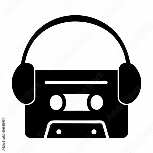 Icon of cassette tape with headphones, symbolizing old school music listening