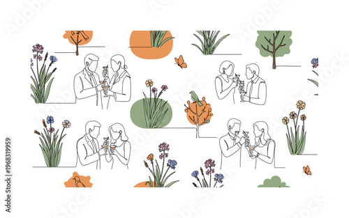 glade nature seamless pattern, repeating pattern, surface design, textile print, modern illustration of flowers, grasses, small trees, birds and butterflies