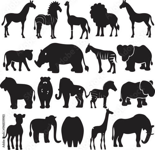 Silhouettes of various african wild animals